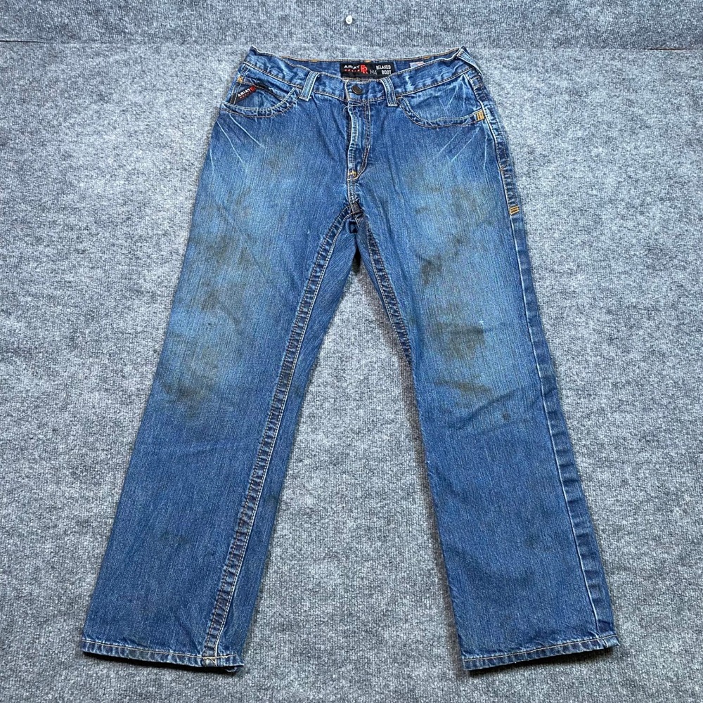 Ariat M4 Relaxed Boot Cut Jeans Mens 32x30 Blue Denim Workwear Stained Thrashed